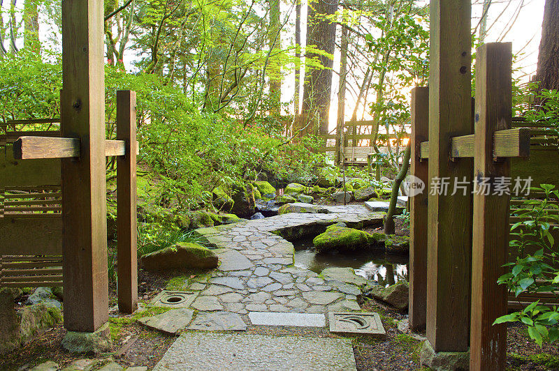 石头步道与篱笆和阳光照耀波特兰日本花园