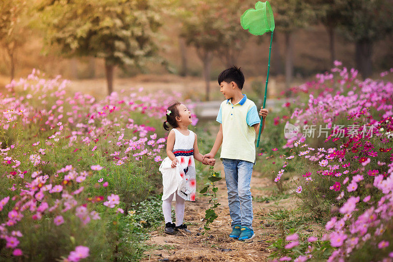亚洲男孩和女孩在花园里捉了一只蝴蝶