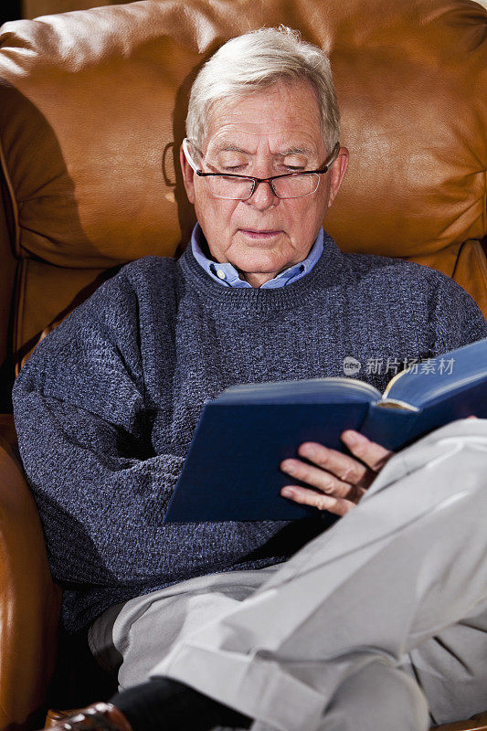 坐在扶手椅上看书的老人