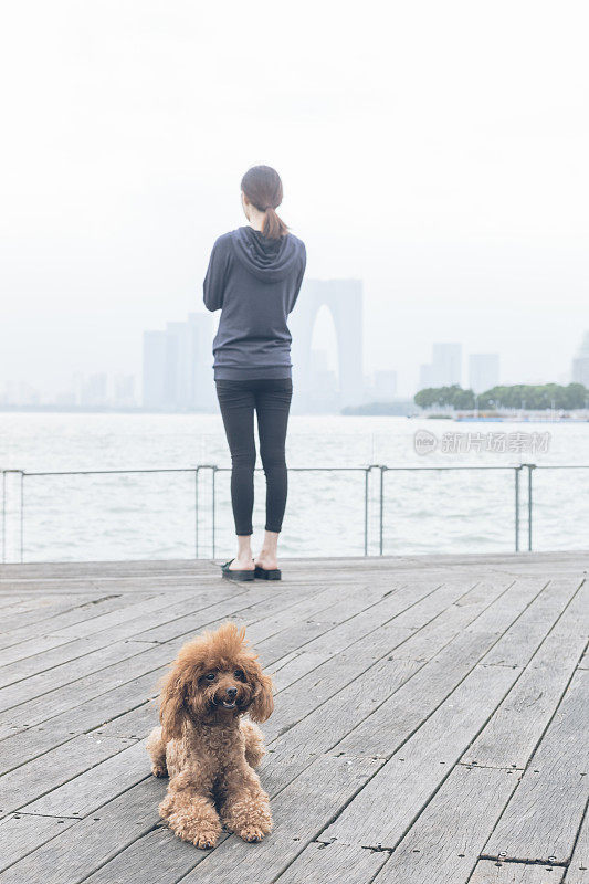 后视图的女人站在码头和她的宠物坐在一边