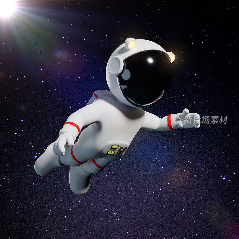 白色卡通宇航员角色穿着太空服在明亮的太阳照耀下飞行(3d插图)