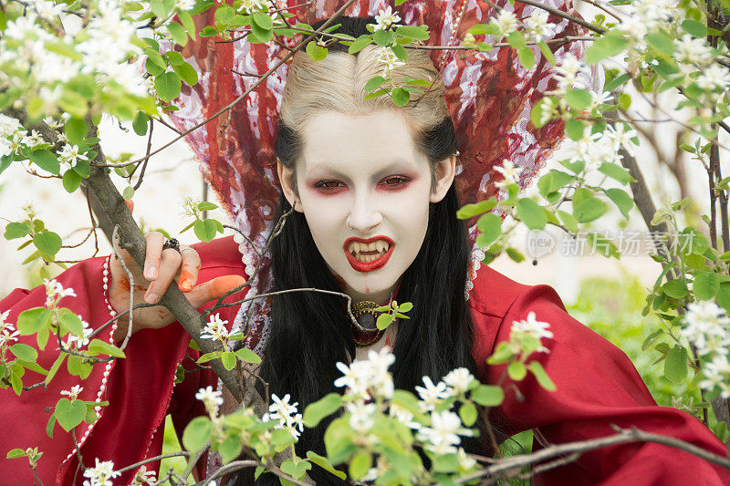 年轻女子在吸血鬼化妆，正面，咆哮的观众在树枝。