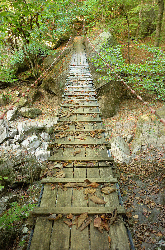 徒步旅行路上的悬挂木吊桥