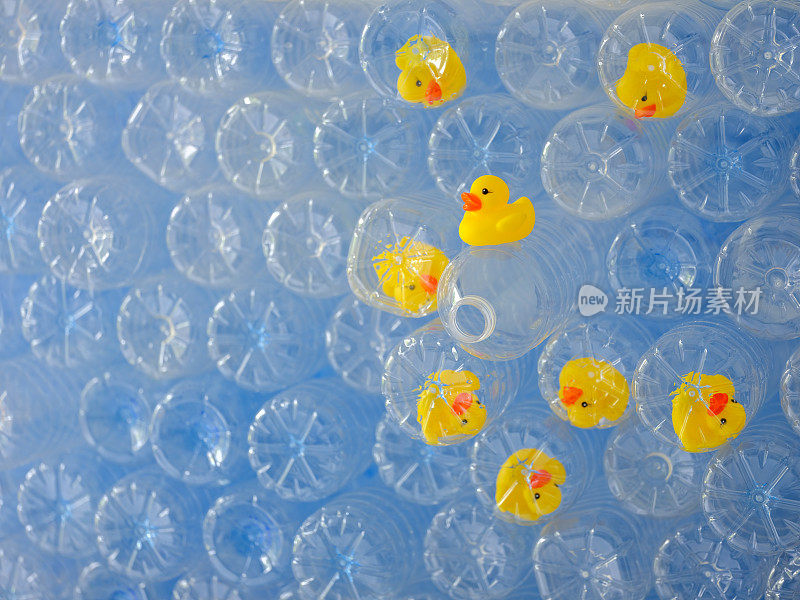 黄色的橡皮鸭被困在一堆空塑料饮水瓶里，一只鸭子自由地坐在其中一个瓶子上。