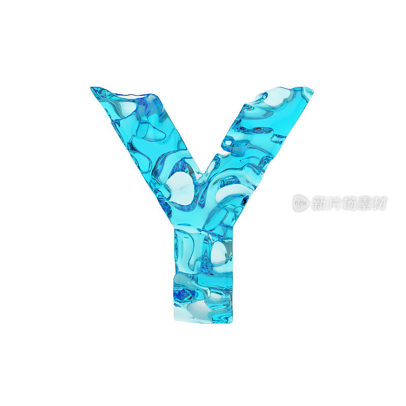 大写字母Y。清澈的蓝色水做成的液体字体。3D渲染孤立的白色背景。