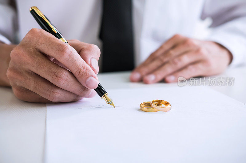 丈夫双手签署离婚令(解除或取消婚姻)，提交离婚文件和两个金婚戒指
