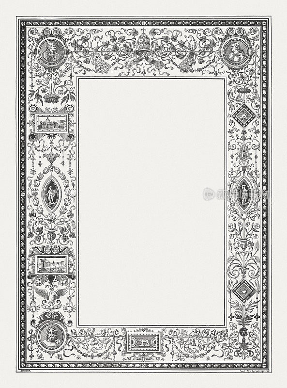 文艺复兴时期的罗马图案装饰框架，木刻，1884年出版