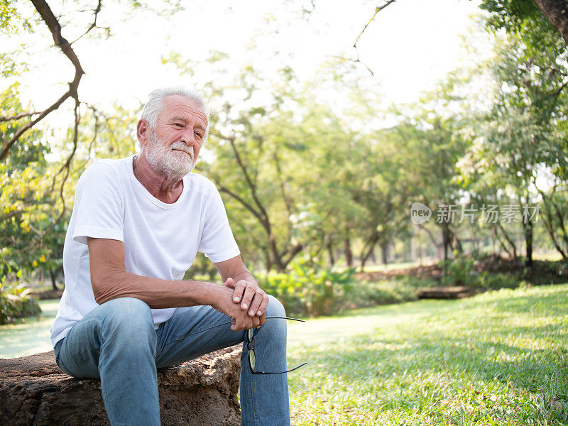 画像中，老人坐在公园的树桩上，草地上，许多树木上，他端着酒杯，沉思着，脸上沁人心魄却又有点担心。可能是健康，家庭，退休，工作