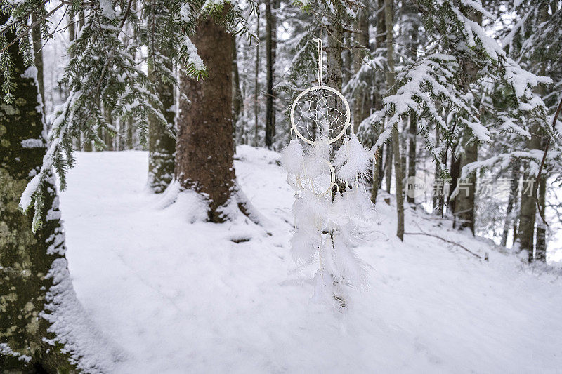 白雪森林里的白色捕梦网