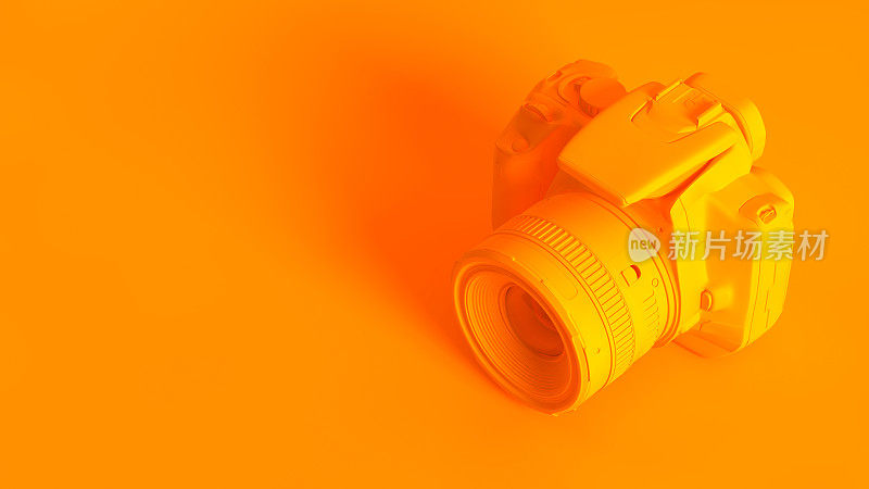 概念立体图像的3d渲染DSLR相机，完全色调在橙色。
