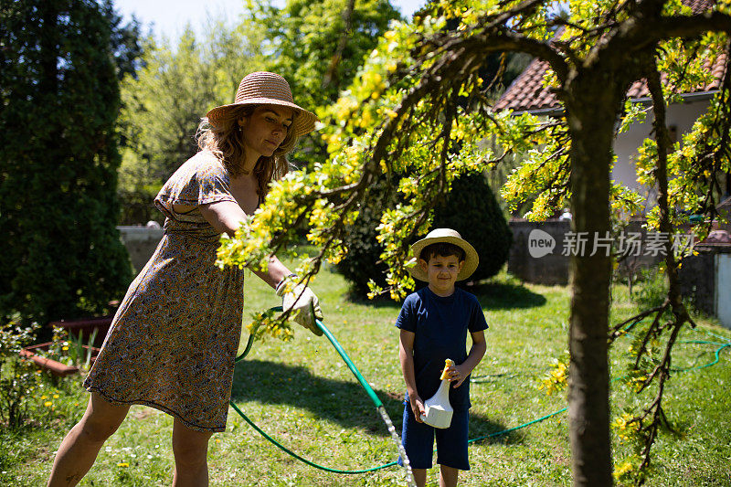 一个年轻的妈妈和他可爱的儿子在他们的后院浇树