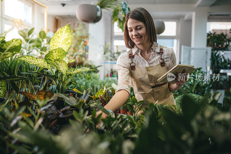 一名年轻女子在花店工作时使用平板电脑