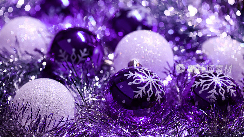 圣诞装饰水晶球雪花紫外光紫紫丁香白装饰物圣诞树新年特写
