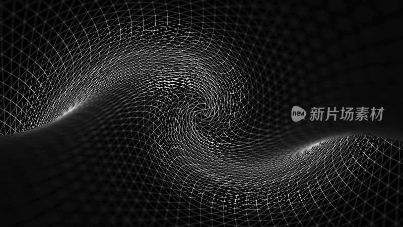 波浪抽象体纹理在无尽的运动在黑色背景，无缝循环。扭曲的空间和缓慢移动的白线，单色