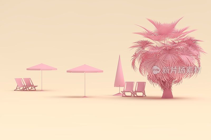 夏日概念，粉色棕榈树躺椅和雨伞