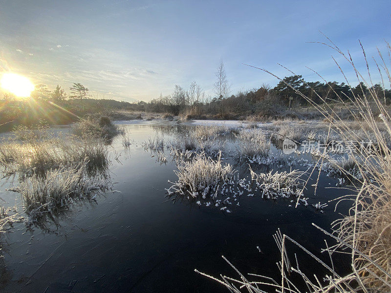 冬天的日出在冰冻的小溪上