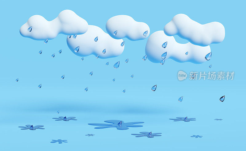 云和雨与水飞溅在雨季隔离在蓝天背景，概念3d插图或3d渲染。