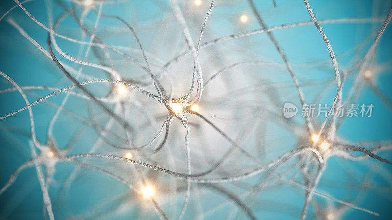 神经元。蓝色Backgound。概念