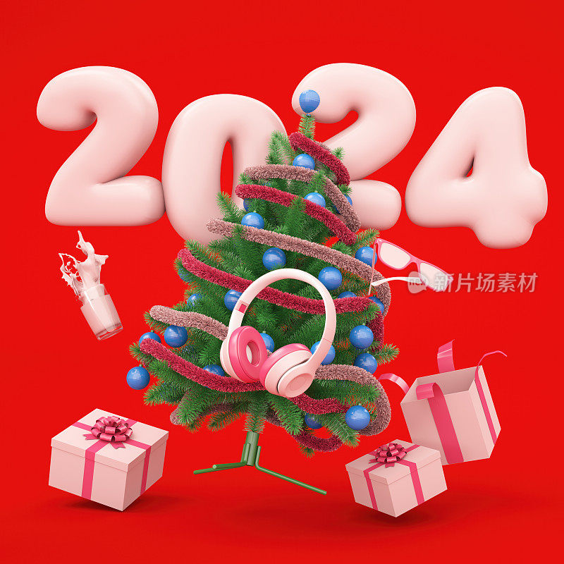 带有2024标志的圣诞树和礼品盒。新年概念