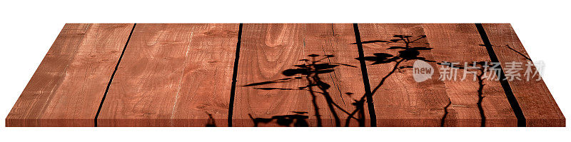 孤立的棕色木地板纹理背景与白色背景上的玫瑰树阴影，元素对象与裁剪路径木材桌面或架子用于产品演示