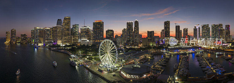 迈阿密码头港口和布里克尔的摩天大楼，城市金融中心。Skyviews迈阿密观景轮在海湾市场与比斯坎湾的水和美国城市景观在夜晚的倒影