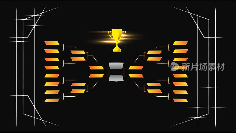 现代体育游戏支架板与金牌冠军奖杯对黑色背景。插图在科技主题风格布局。