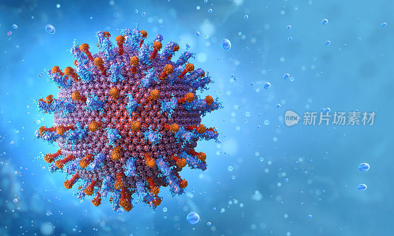 乙型肝炎病毒细胞模型。乙型肝炎感染病毒粒子的结构:脂质包膜、表面HbS抗原、蛋白质。肝脏疾病、肝脏组织炎症的三维医学影像