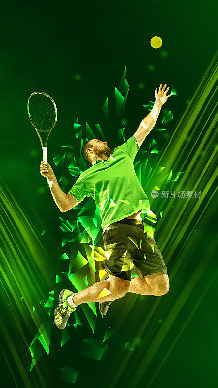 动态图像的人，网球运动员在运动，击球与球拍在跳跃绿色背景与多边形和流体霓虹灯元素。
