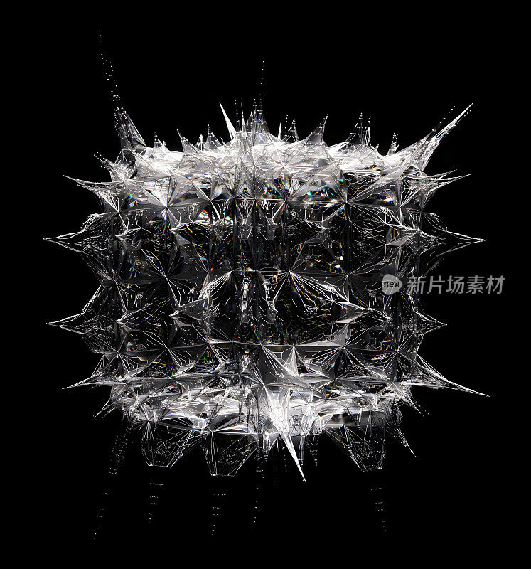 3D渲染超现实外星分形立方体有机生物，基于金字塔形状的图案，在黑色背景上半透明的玻璃钻石材料上有尖锐的尖刺
