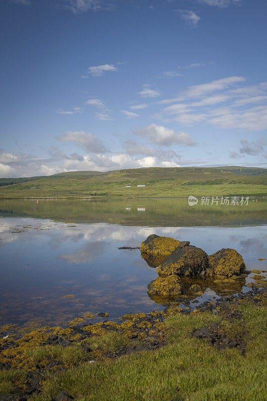 在苏格兰斯凯岛的爱丁堡附近的海滩上，格林肖尼斯湖岸边的岩石上海藻覆盖的景象。