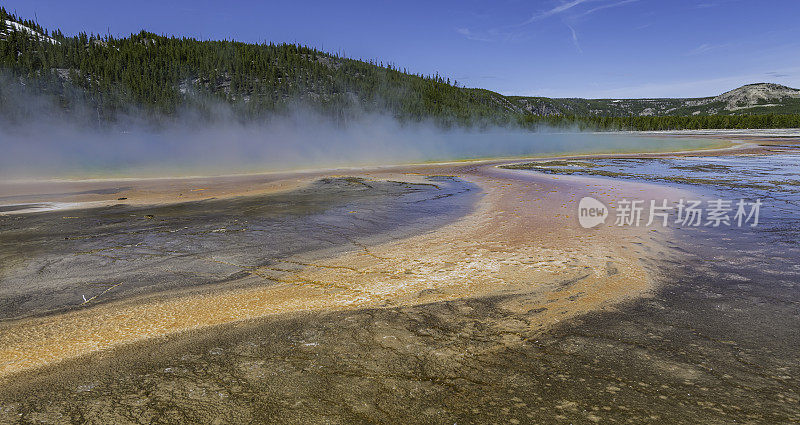 大棱镜泉，中途间歇泉盆地，黄石国家公园，怀俄明州。展示了带有彩色细菌的温泉和水，呈现出橙色到棕色的颜色。从温泉流出的彩色细菌。