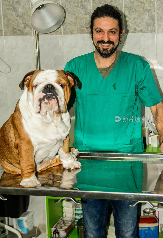 动物医院的工作人员在候诊室里抱着一只狗的照片。