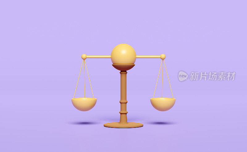 3D正义尺度图标孤立的紫色背景。法律，司法系统符号概念，3d渲染插图
