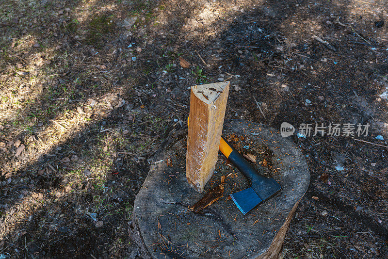 木柴和一把斧头放在原木上。生态旅游理念