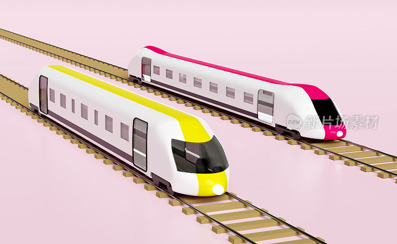 3d两个子弹头列车卡通与铁路轨道，空中列车运输玩具，夏季旅游服务，规划旅客旅游列车孤立在粉红色的背景。3d渲染插图，剪切路径