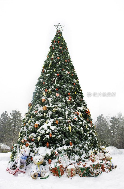 装饰圣诞树在暴风雪