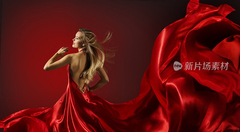 女人红裙跳舞，时装模特飞布面料