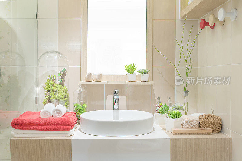 浴室盥洗盆、毛巾及装饰