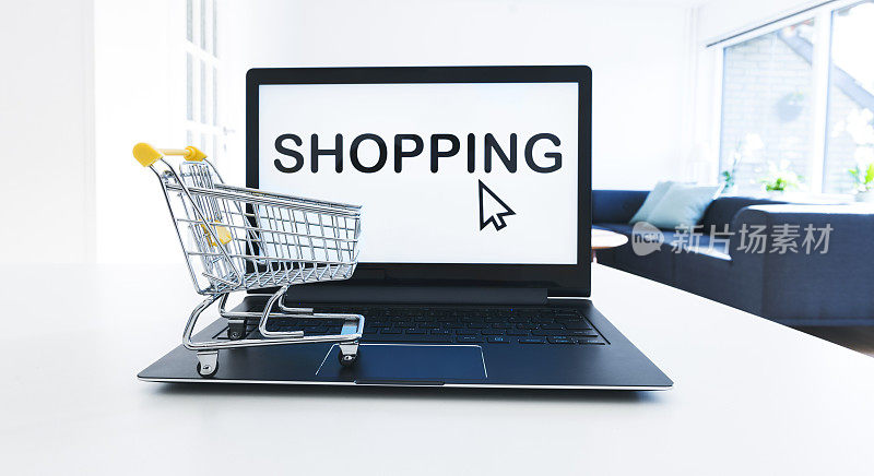 消费者准备用笔记本电脑和购物车网上购物