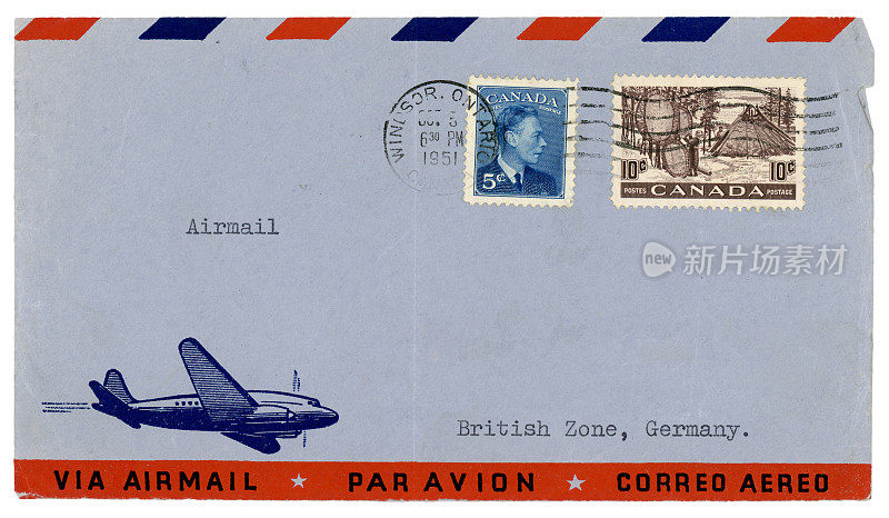 信封，1951年从安大略省温莎寄往“德国英国区”