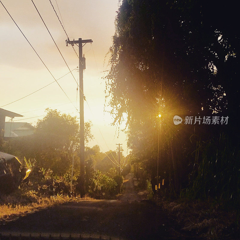 夏威夷大岛乡村科纳社区街道上的日落