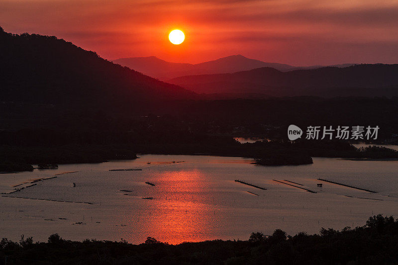 森林大火天空日落。