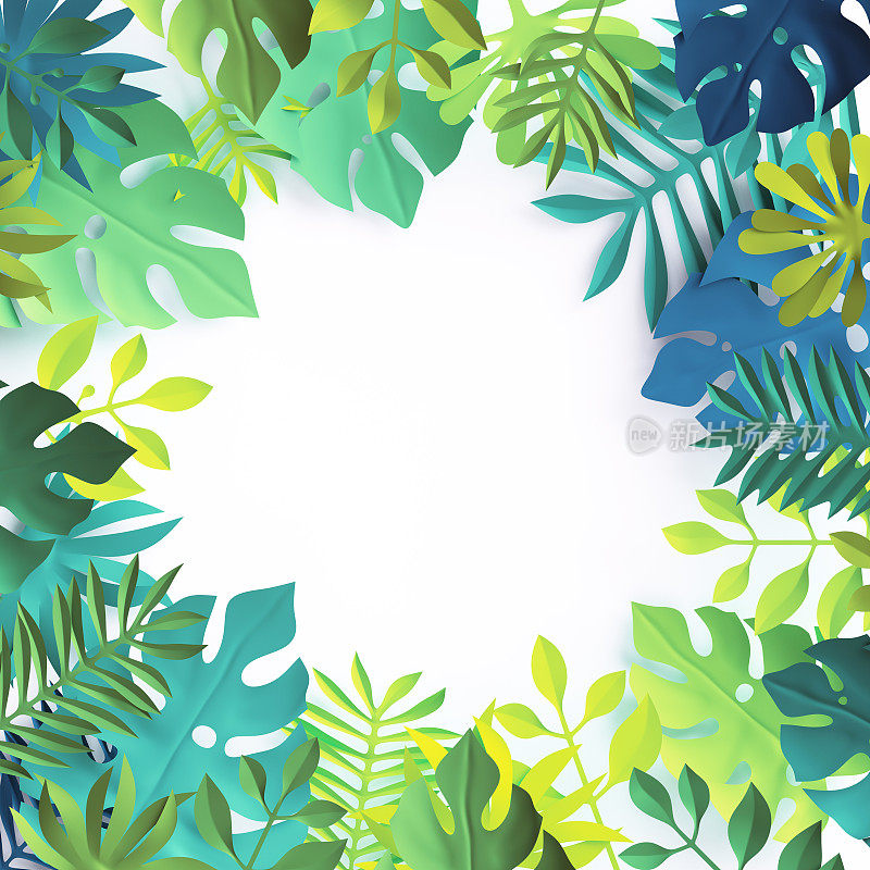 3d渲染，热带树叶，蓝色场景背景，丛林，框架