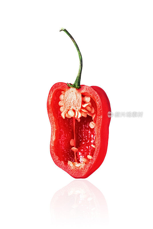 一半红哈瓦那辣椒，切片，孤立在白色背景上