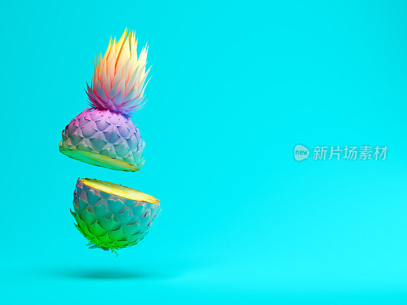多色切片菠萝在蓝色背景的3D渲染