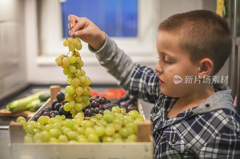 男孩把健康食物带回家