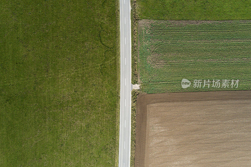 道路穿过农业区，鸟瞰图