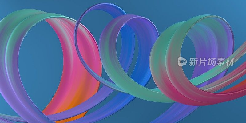 三维抽象螺旋行程。时尚色彩油漆喷溅。在孤立的蓝色背景上运动的波。粉色，蓝色，紫色。壁纸设计，广告，横幅，海报