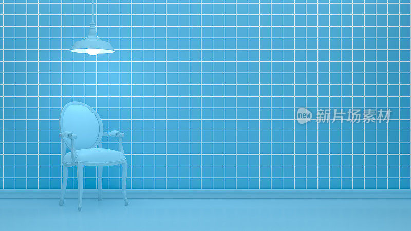 格子蓝墙客厅扶手椅和台灯
