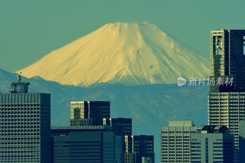 富士山和东京的天际线:白天和黑夜